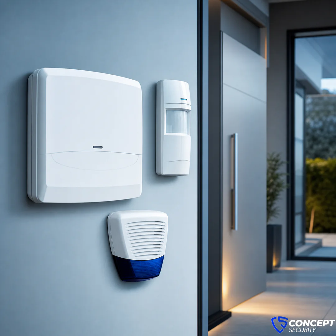Central de alarme, sensor de presença e sirene em ambiente protegido